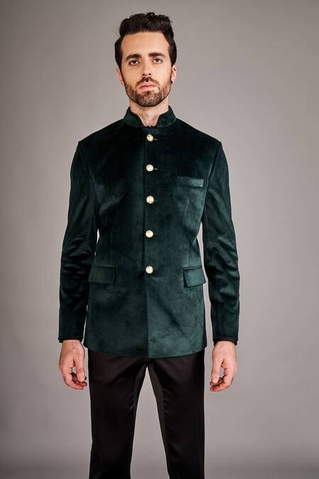 Buy Arjuun Kilachand Green Velvet Embroidery Solid Bandhgala Online at Aza Fashions Buy_Arjuun Kilachand_Green Velvet Embroidery Solid Bandhgala _Online_at_Aza_Fashions