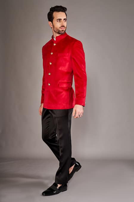 Arjuun Kilachand_Red Velvet Plain Bandhgala _Online_at_Aza_Fashions