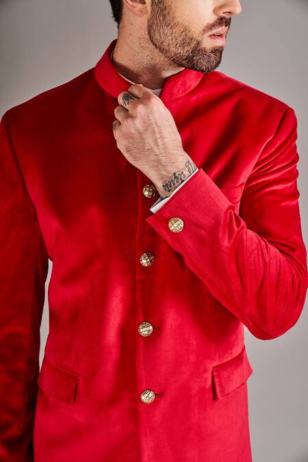 Buy Red Velvet Solid Plain Bandhgala For Men by Arjun Kilachand