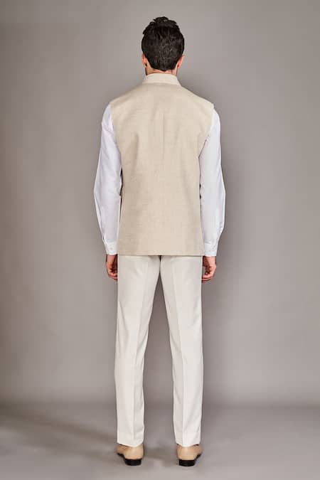 Arjuun Kilachand Beige Button Down Bundi & Shirt Set 