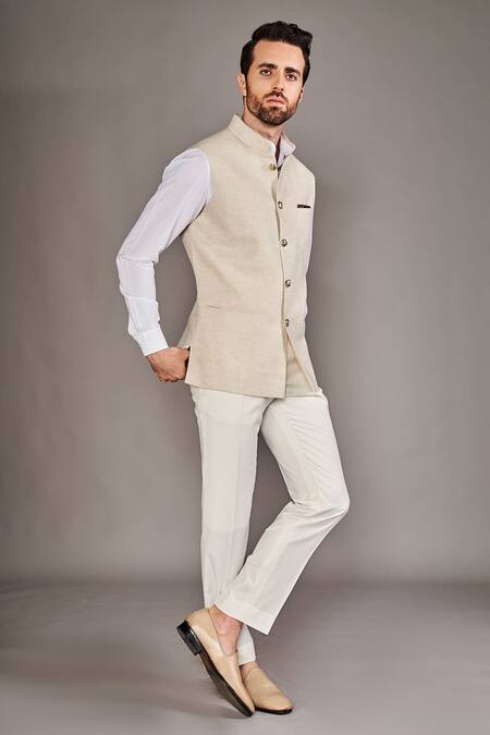 Arjuun Kilachand_Beige Linen Embroidery Button Down Bundi And Shirt Set _Online_at_Aza_Fashions