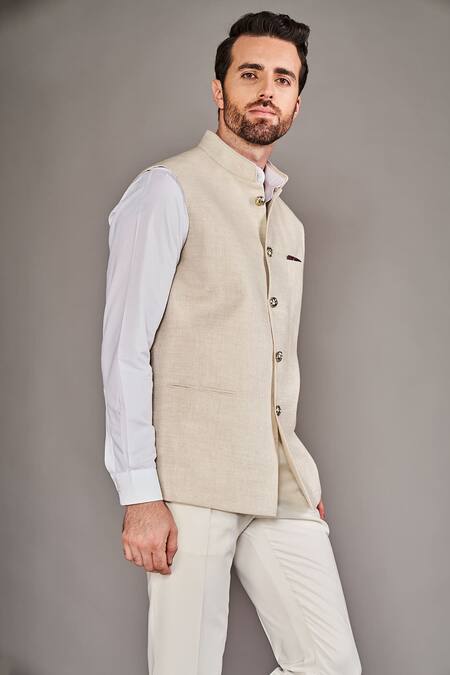 Buy_Arjuun Kilachand_Beige Linen Embroidery Button Down Bundi And Shirt Set _Online_at_Aza_Fashions