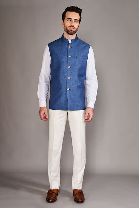 Arjuun Kilachand_Blue Linen Embroidery Teal Bundi Set _Online_at_Aza_Fashions