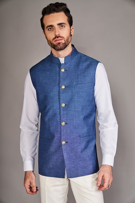 Buy_Arjuun Kilachand_Blue Linen Embroidery Teal Bundi Set _Online_at_Aza_Fashions