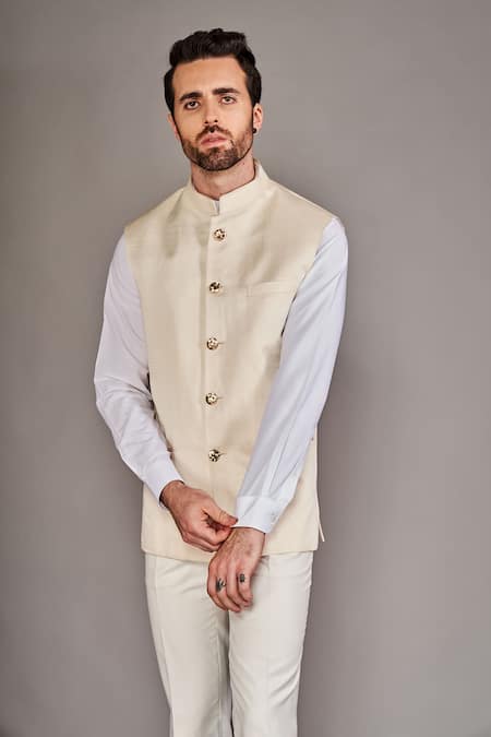 Arjuun Kilachand_Beige Linen, Silk Embroidery Straight Bundi Set With Shirt _Online_at_Aza_Fashions