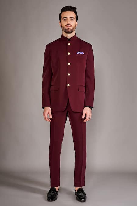 ARJUUN KILACHAND Maroon Crepe Solid Straight Bandhgala With Pant 