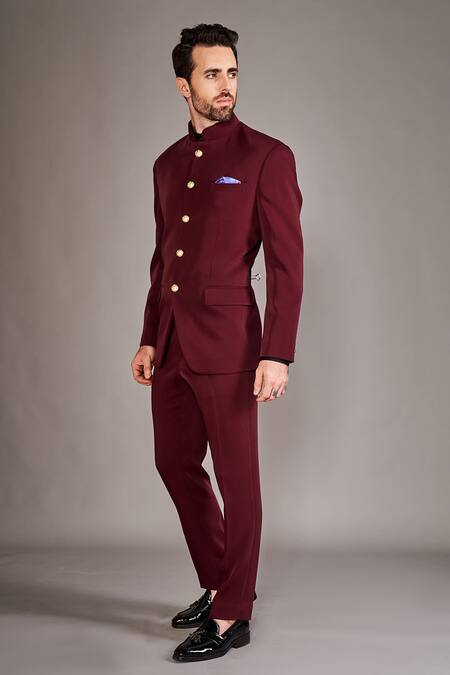 Arjuun Kilachand_Maroon Crepe Embroidery Straight Bandhgala With Pant _Online_at_Aza_Fashions