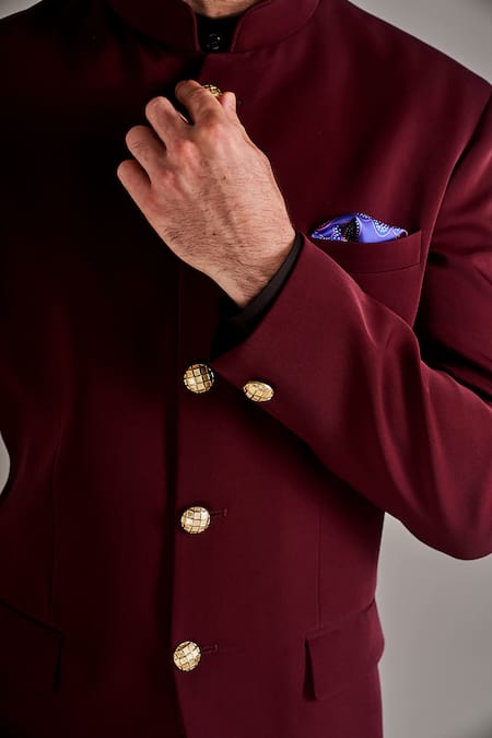 Buy_Arjuun Kilachand_Maroon Crepe Embroidery Straight Bandhgala With Pant _Online_at_Aza_Fashions