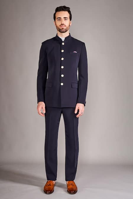 Arjuun Kilachand Blue Crepe Embroidery Solid Bandhgala With Matching Pant Online at Aza Fashions Arjuun Kilachand_Blue Crepe Embroidery Solid Bandhgala With Matching Pant _Online_at_Aza_Fashions