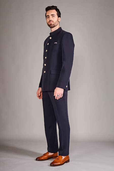 Buy Arjuun Kilachand Blue Crepe Embroidery Solid Bandhgala With Matching Pant Online at Aza Fashions Buy_Arjuun Kilachand_Blue Crepe Embroidery Solid Bandhgala With Matching Pant _Online_at_Aza_Fashions