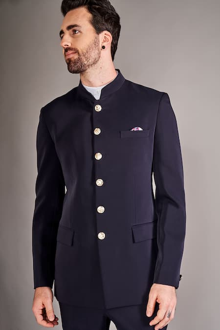 Shop Arjuun Kilachand Blue Crepe Embroidery Solid Bandhgala With Matching Pant Online at Aza Fashions Shop_Arjuun Kilachand_Blue Crepe Embroidery Solid Bandhgala With Matching Pant _Online_at_Aza_Fashions