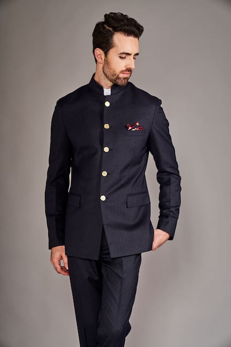 Arjuun Kilachand_Blue Wool Beads Pinstripe Pattern Bandhgala With Pant _Online_at_Aza_Fashions