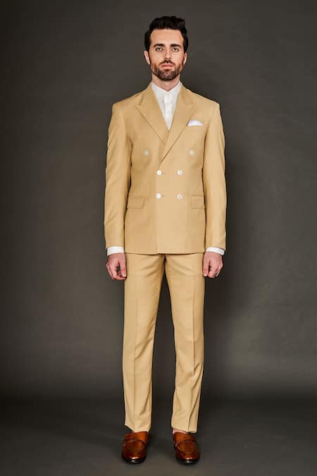 Arjuun Kilachand_Beige Wool Pinstripe Pattern Double Breasted Jacket Pant Set _Online_at_Aza_Fashions