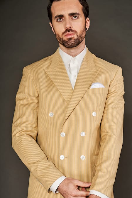 Buy_Arjuun Kilachand_Beige Wool Pinstripe Pattern Double Breasted Jacket Pant Set _Online_at_Aza_Fashions