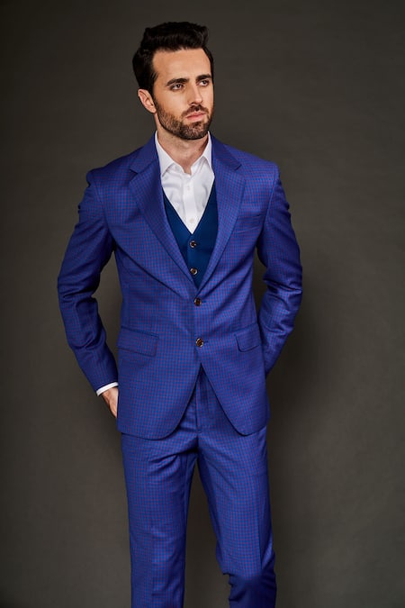 Buy_Arjuun Kilachand_Blue Wool Checkered Pattern Contrast Jacket And Trouser Set _Online_at_Aza_Fashions