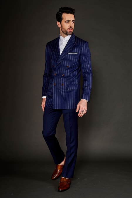 Arjuun Kilachand Blue Wool Chalk Stripe Pattern Double Breasted Jacket And Pant Set Online at Aza Fashions Arjuun Kilachand_Blue Wool Chalk Stripe Pattern Double Breasted Jacket And Pant Set _Online_at_Aza_Fashions