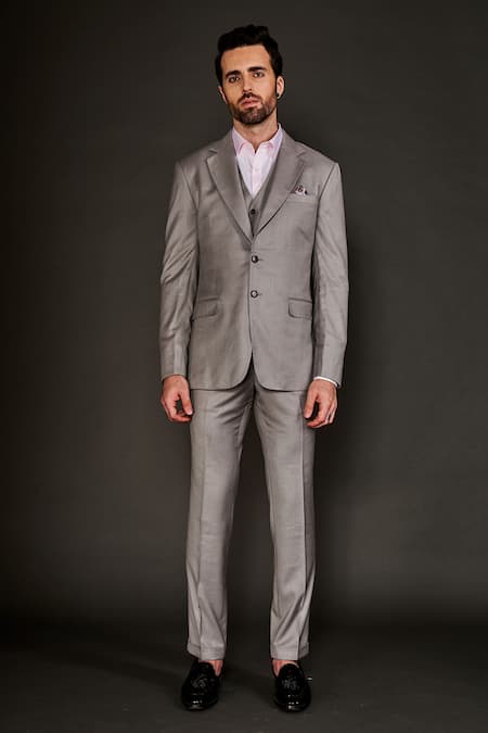 ARJUUN KILACHAND Grey Wool Plain Single Breasted Jacket And Pant Set 