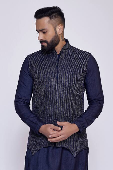 Arjuun Kilachand_Blue Linen, Silk Embroidery Badla Bundi And Kurta Set _Online_at_Aza_Fashions