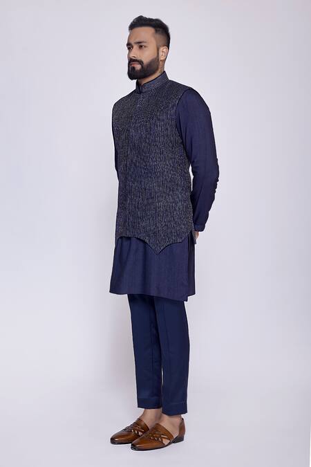 Buy_Arjuun Kilachand_Blue Linen, Silk Embroidery Badla Bundi And Kurta Set _Online_at_Aza_Fashions