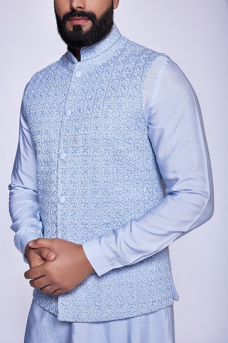 Buy Arjuun Kilachand Blue Linen, Silk Embroidery Bundi And Kurta Set Online at Aza Fashions Buy_Arjuun Kilachand_Blue Linen, Silk Embroidery Bundi And Kurta Set _Online_at_Aza_Fashions