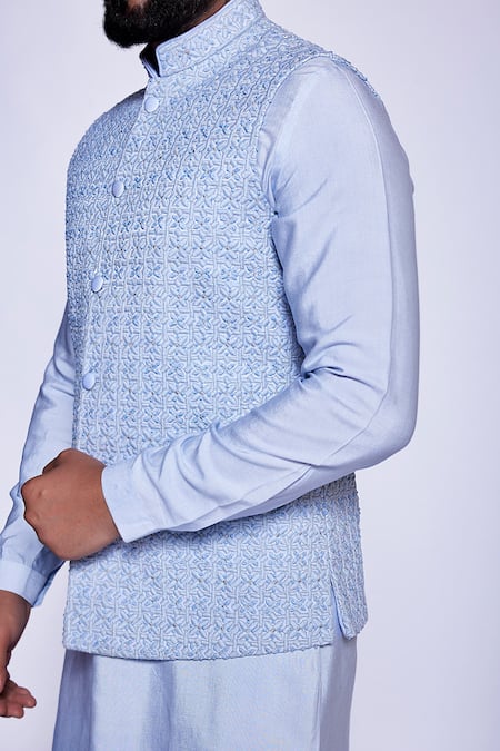Shop Arjuun Kilachand Blue Linen, Silk Embroidery Bundi And Kurta Set Online at Aza Fashions Shop_Arjuun Kilachand_Blue Linen, Silk Embroidery Bundi And Kurta Set _Online_at_Aza_Fashions
