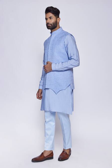 Arjuun Kilachand Blue Linen, Silk Embroidery, Cut Work Geometric Thread Bundi And Kurta Set Online at Aza Fashions Arjuun Kilachand_Blue Linen, Silk Embroidery, Cut Work Geometric Thread Bundi And Kurta Set _Online_at_Aza_Fashions