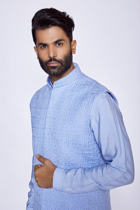 Buy Arjuun Kilachand Blue Linen, Silk Embroidery, Cut Work Geometric Thread Bundi And Kurta Set Online at Aza Fashions Buy_Arjuun Kilachand_Blue Linen, Silk Embroidery, Cut Work Geometric Thread Bundi And Kurta Set _Online_at_Aza_Fashions