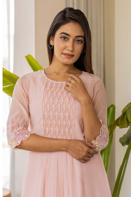Buy_Khamaj India_Peach Chanderi, Cotton Embroidery Round Neck Melodia Sleeve Kurta With Inner _Online_at_Aza_Fashions