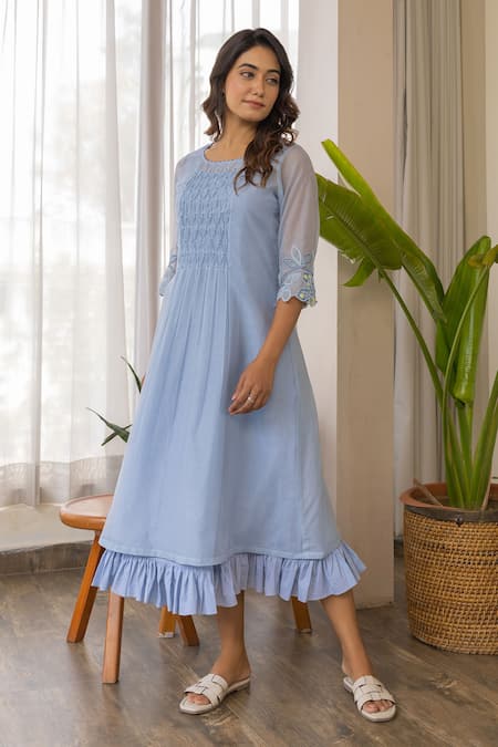 Khamaj India_Blue Chanderi, Cotton Embroidery Round Neck Melodia Kurta With Frilled Inner _Online_at_Aza_Fashions