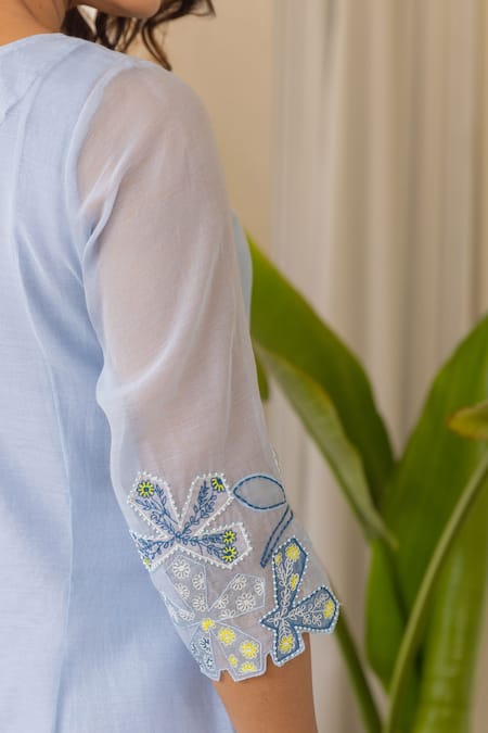 Buy_Khamaj India_Blue Chanderi, Cotton Embroidery Round Neck Melodia Kurta With Frilled Inner _Online_at_Aza_Fashions