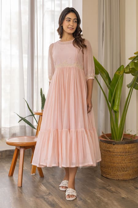 Khamaj India_Peach Chanderi, Cotton Embroidery Round Neck Ella Yoke Kurta With Inner _Online_at_Aza_Fashions