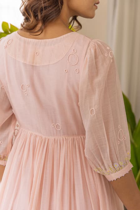 Shop_Khamaj India_Peach Chanderi, Cotton Embroidery Round Neck Ella Yoke Kurta With Inner _Online_at_Aza_Fashions