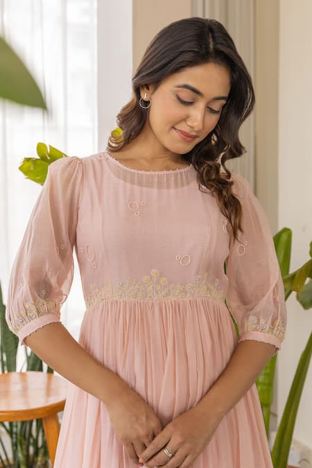 Khamaj India_Peach Chanderi, Cotton Embroidery Round Neck Ella Yoke Kurta With Inner _at_Aza_Fashions