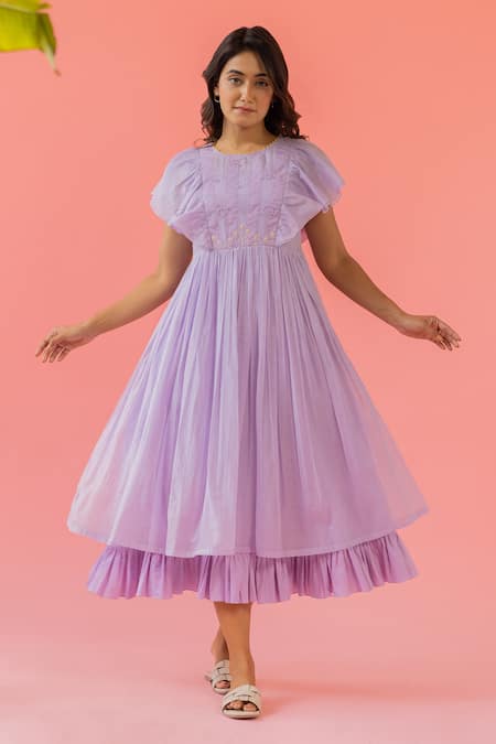 Khamaj India Purple Chanderi, Cotton Embroidery, Applique Round Zoe Kurta With Frilled Inner Online at Aza Fashions Khamaj India_Purple Chanderi, Cotton Embroidery, Applique Round Zoe Kurta With Frilled Inner _Online_at_Aza_Fashions