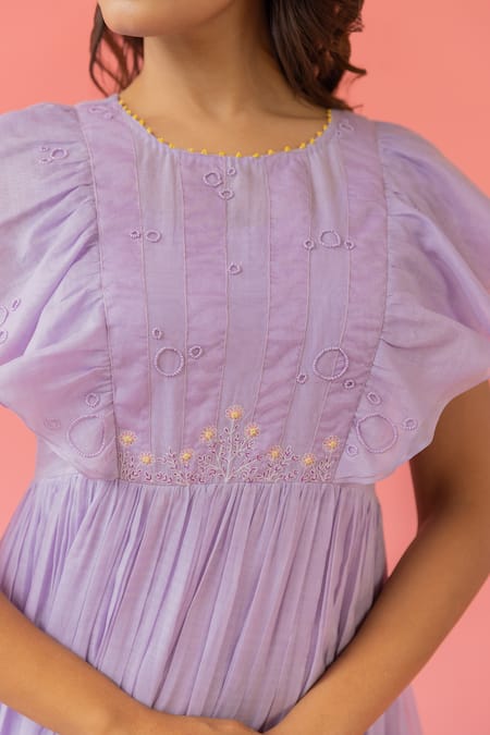 Shop Khamaj India Purple Chanderi, Cotton Embroidery, Applique Round Zoe Kurta With Frilled Inner Online at Aza Fashions Shop_Khamaj India_Purple Chanderi, Cotton Embroidery, Applique Round Zoe Kurta With Frilled Inner _Online_at_Aza_Fashions