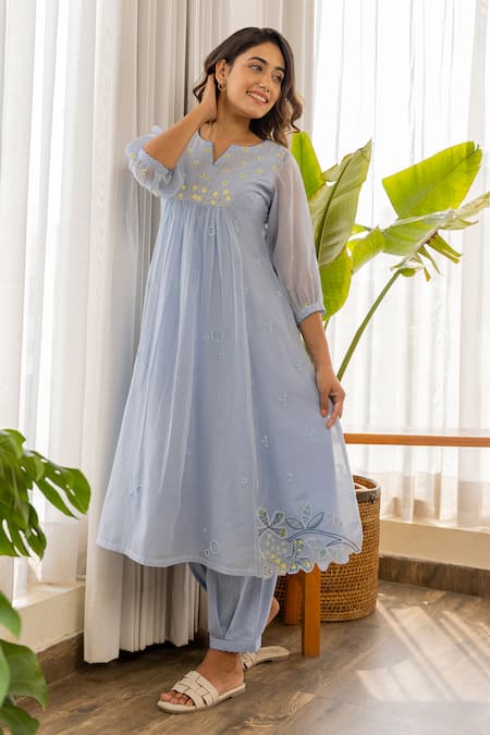 Khamaj India_Blue Cotton, Chanderi Pearls, Embroidery Split V-neck Yoke Kurta And Pant Set _Online_at_Aza_Fashions