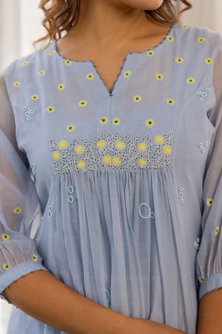 Shop_Khamaj India_Blue Cotton, Chanderi Pearls, Embroidery Split V-neck Yoke Kurta And Pant Set _Online_at_Aza_Fashions