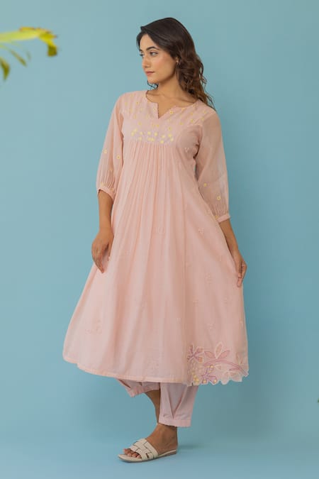 Khamaj India_Peach Chanderi, Cotton Embroidery, Pearls Split Yoke Hand Kurta And Pant Set _Online_at_Aza_Fashions