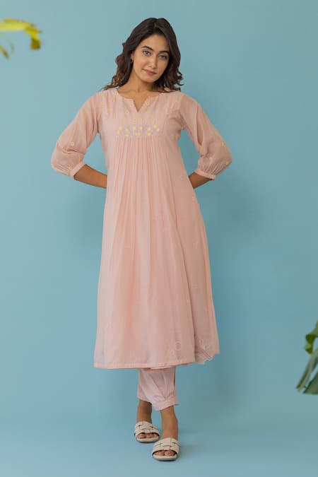 Buy_Khamaj India_Peach Chanderi, Cotton Embroidery, Pearls Split Yoke Hand Kurta And Pant Set _Online_at_Aza_Fashions