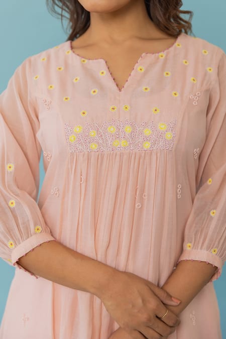 Shop_Khamaj India_Peach Chanderi, Cotton Embroidery, Pearls Split Yoke Hand Kurta And Pant Set _Online_at_Aza_Fashions