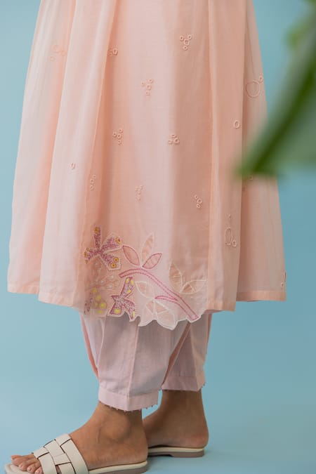 Khamaj India_Peach Chanderi, Cotton Embroidery, Pearls Split Yoke Hand Kurta And Pant Set _at_Aza_Fashions