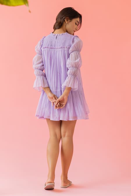 Khamaj India Kira Chanderi Frilled Neck Short Dress With Inner 