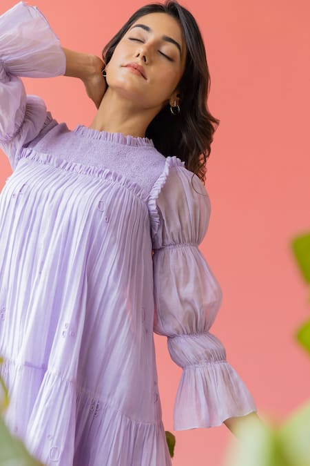 Shop_Khamaj India_Purple Chanderi, Cotton Pearls Kira Frilled Neck Short Dress With Inner _Online_at_Aza_Fashions