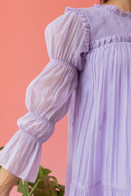 Khamaj India_Purple Chanderi, Cotton Pearls Kira Frilled Neck Short Dress With Inner _at_Aza_Fashions