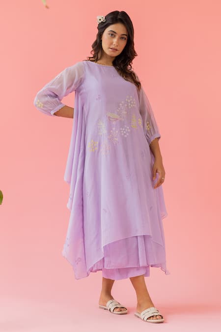 Khamaj India_Purple Chanderi, Kota Doria, Cotton Pearls Round Neck Daisy Kurta And Palazzo Set _Online_at_Aza_Fashions