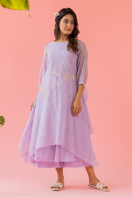 Buy_Khamaj India_Purple Chanderi, Kota Doria, Cotton Pearls Round Neck Daisy Kurta And Palazzo Set _Online_at_Aza_Fashions