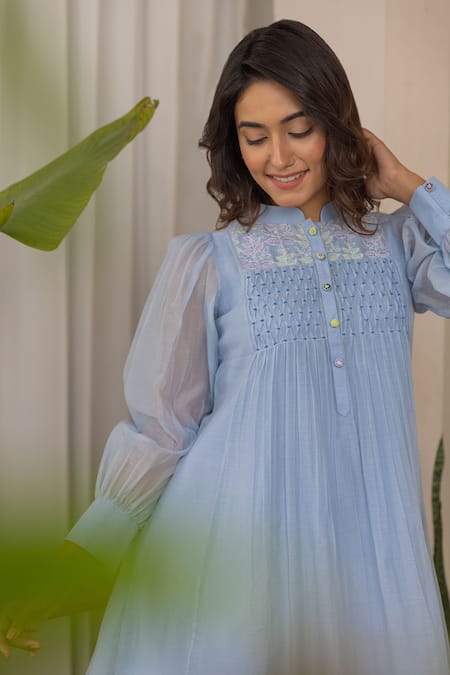 Buy_Khamaj India_Blue Chanderi, Cotton Embroidery Mandarin Collar, Lenora Hand Dress With Inner _Online_at_Aza_Fashions