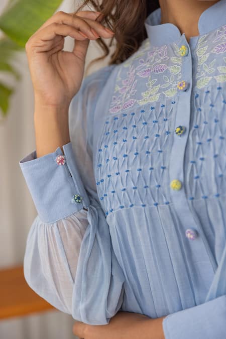 Shop_Khamaj India_Blue Chanderi, Cotton Embroidery Mandarin Collar, Lenora Hand Dress With Inner _Online_at_Aza_Fashions