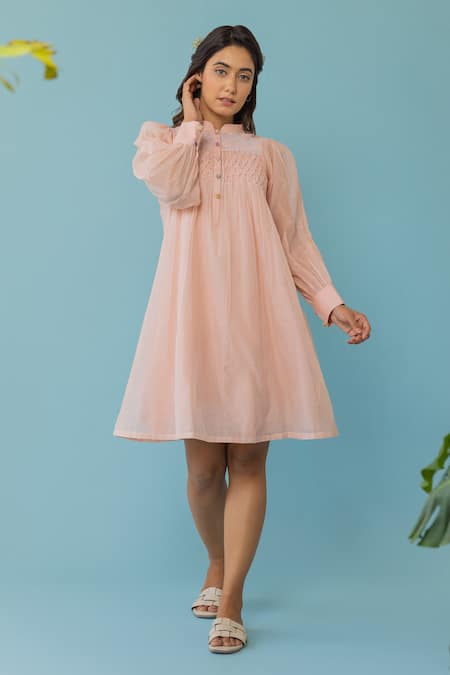 Khamaj India_Peach Chanderi, Cotton Embroidery Mandarin Collar Lenora Dress With Inner _Online_at_Aza_Fashions