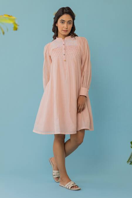 Buy_Khamaj India_Peach Chanderi, Cotton Embroidery Mandarin Collar Lenora Dress With Inner _Online_at_Aza_Fashions